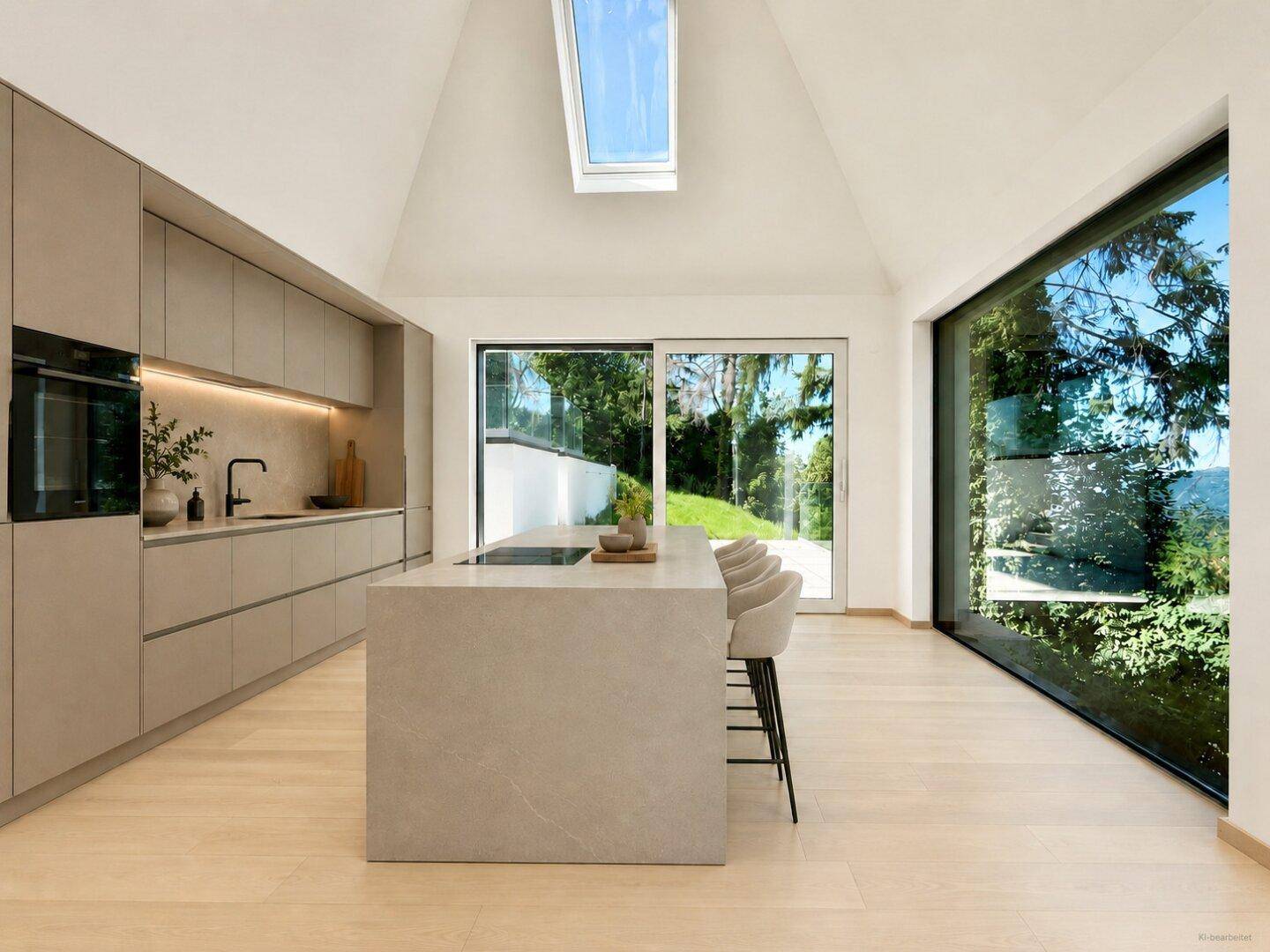 Moderne Küche mit Kücheninsel, integrierten Geräten und großflächigen Fenstern mit Grünblick.