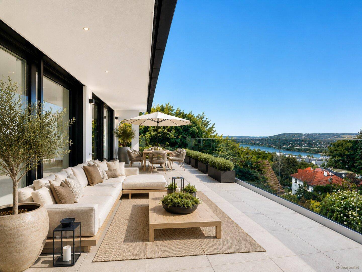 Großzügige Terrasse mit bequemen Loungemöbeln, Esstisch und weitem Blick auf den See.