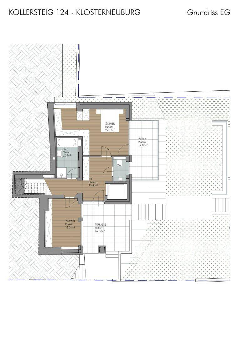 Grundriss des Erdgeschosses mit Zimmern, Bad, WC und Terrasse.
