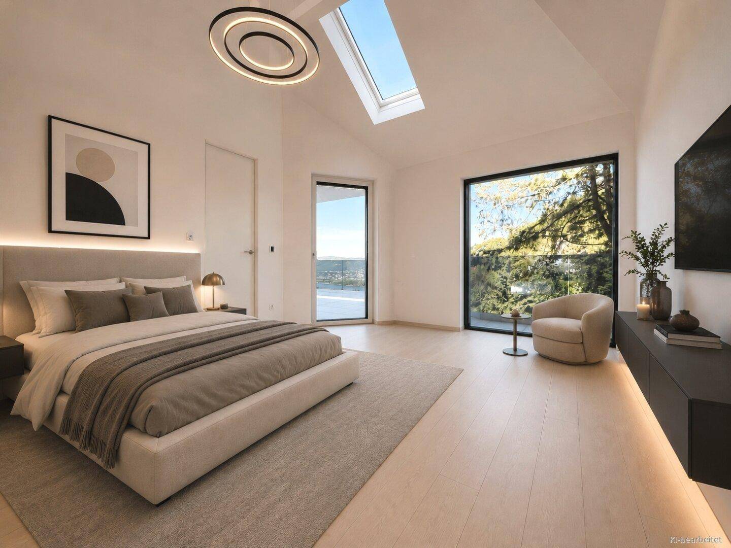 Modernes Schlafzimmer mit Doppelbett, Holzboden, hohen Decken und Panoramablick.