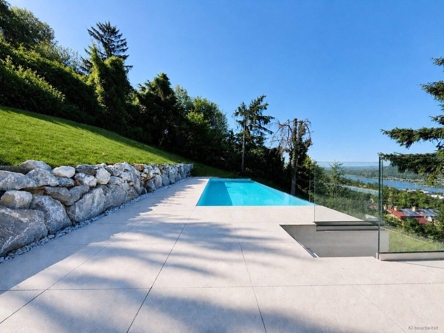 Infinity-Pool mit atemberaubendem Seeblick, umgeben von einer großzügigen Sonnenterrasse.