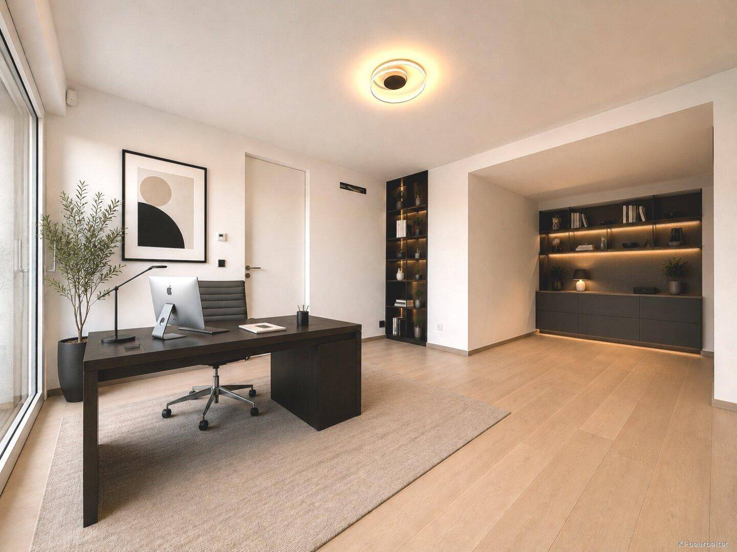 Modernes Büro mit Holzboden, Einbauregalen und großem Fenster für viel Tageslicht.