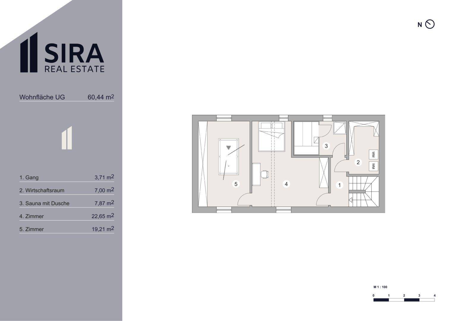 Grundriss des Untergeschosses mit Sauna, Duschbad und zwei weiteren Zimmern.