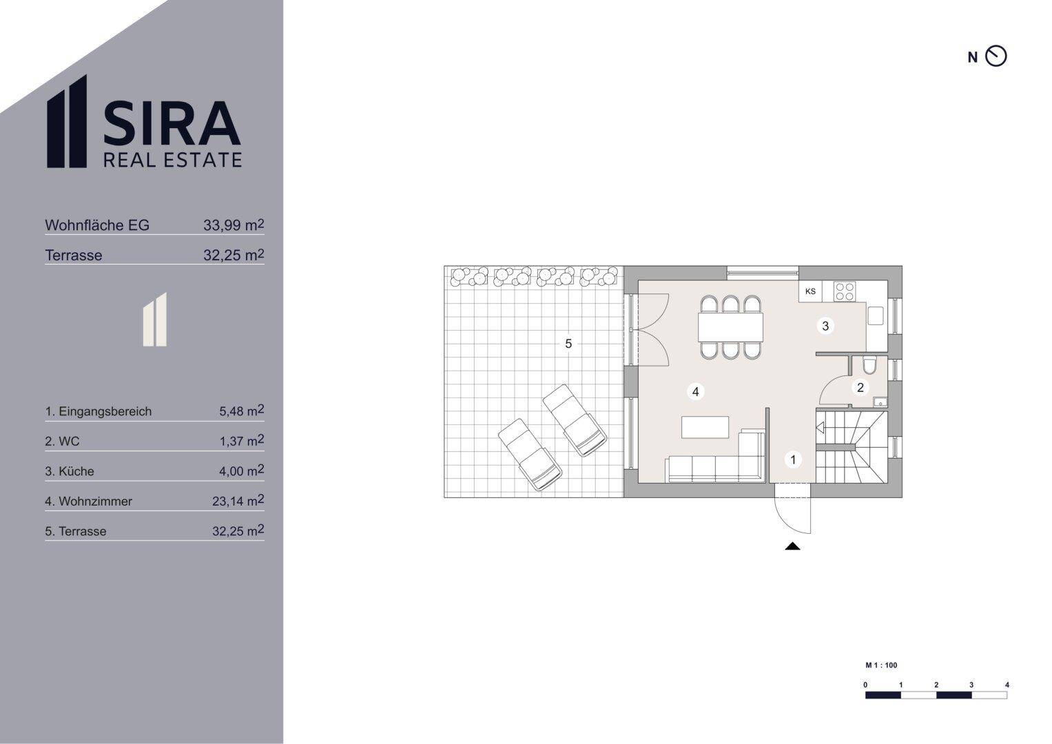 Grundriss des Erdgeschosses mit offener Küche, Wohnzimmer und großer Terrasse.