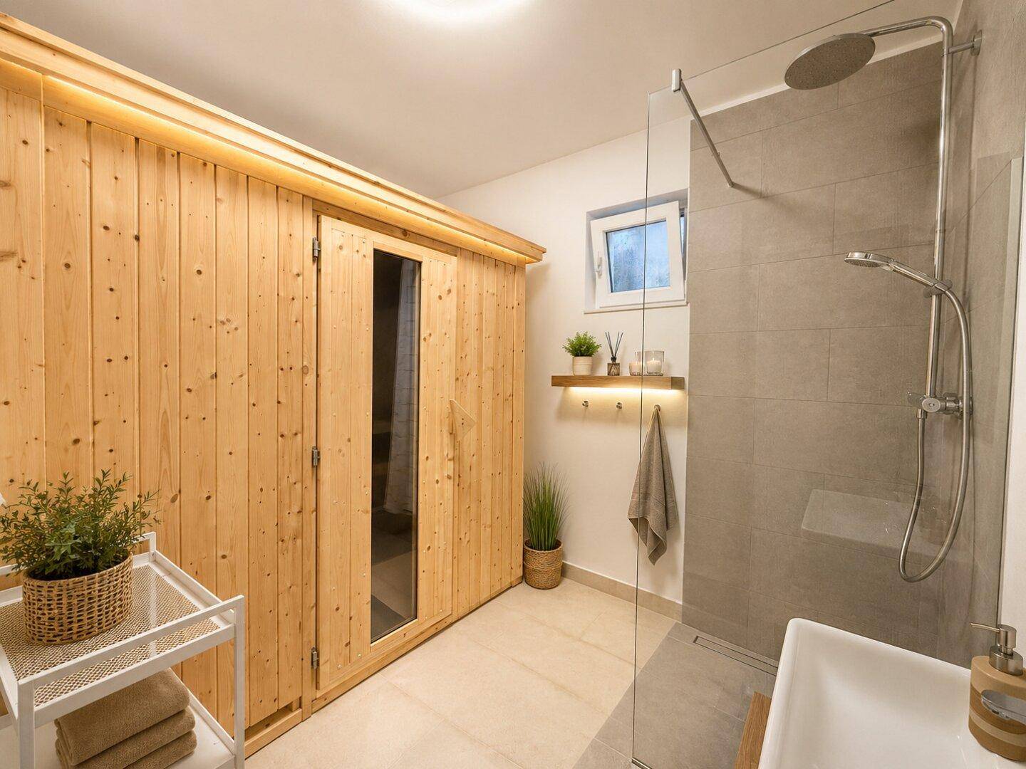 Badezimmer mit integrierter Holzsauna, moderner Dusche und Fenster für natürliche Belüftung.