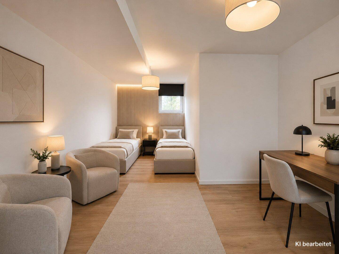 Geräumiges Schlafzimmer mit zwei Einzelbetten, Schreibtisch und moderner Beleuchtung.