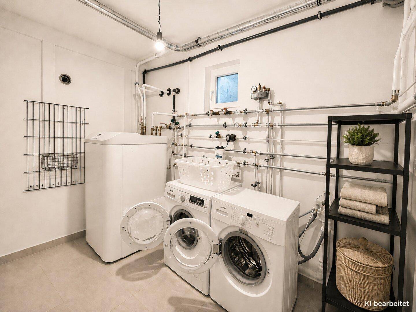 Praktischer Hauswirtschaftsraum mit Waschmaschinen, Trockner und sichtbaren Installationen.