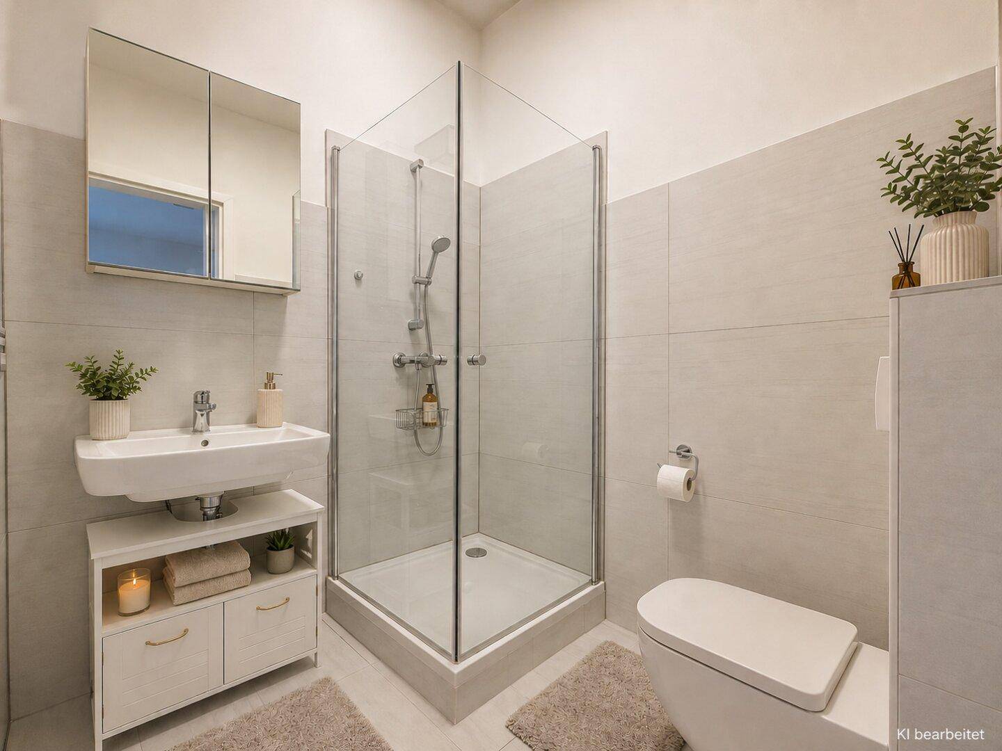 Modernes Badezimmer mit ebenerdiger Dusche, wandhängendem WC und eleganten Fliesen.