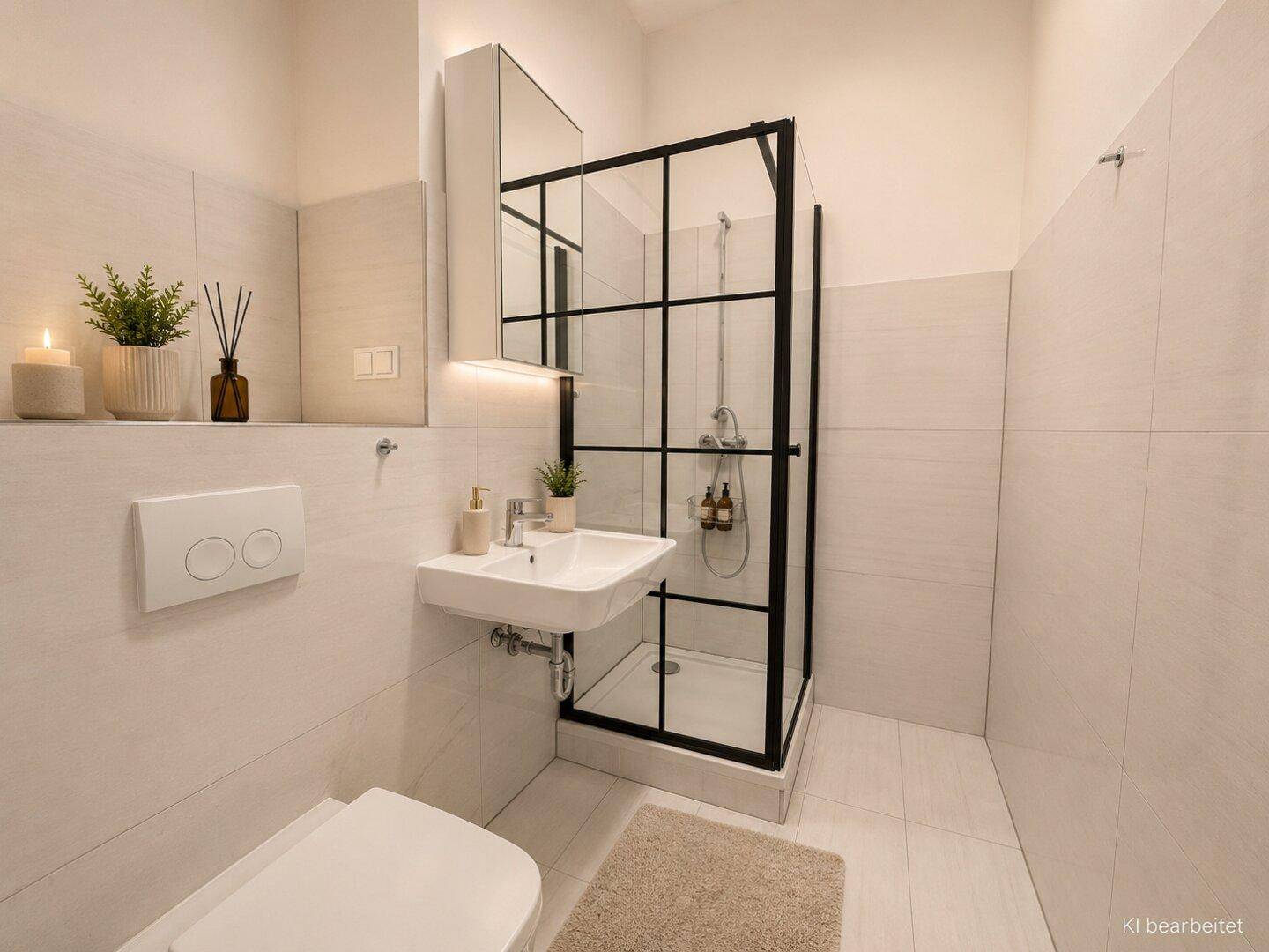 Stilvolles Badezimmer mit moderner Duschkabine, wandhängendem WC und eleganten Fliesen.