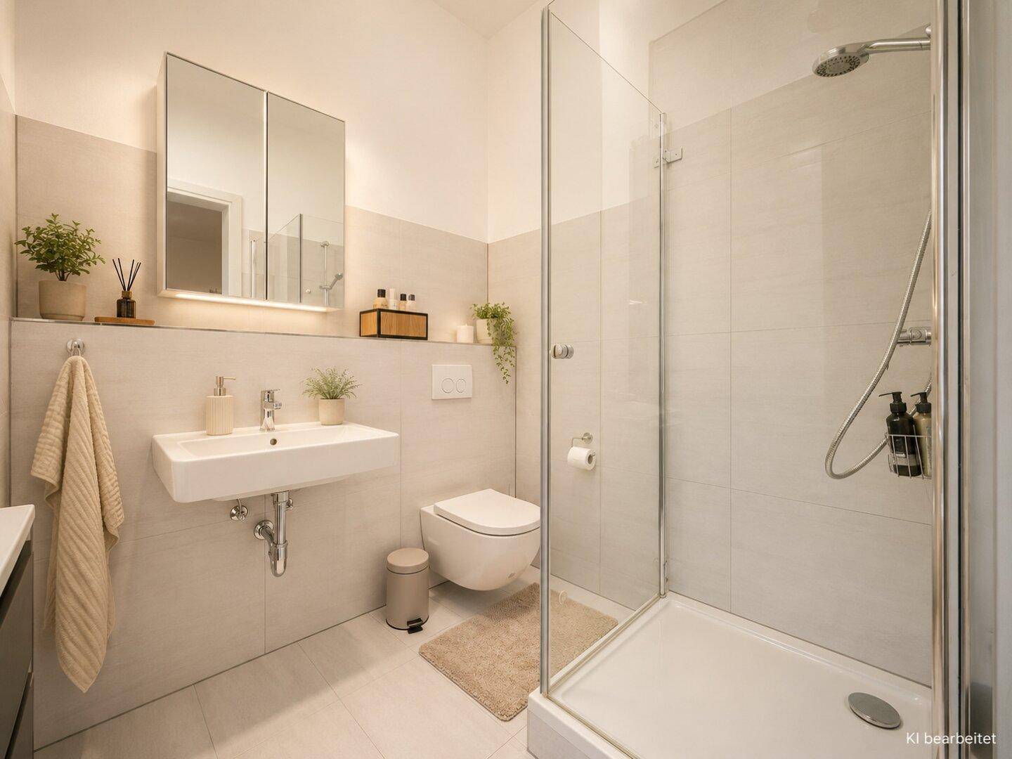Zeitgemäßes Badezimmer mit Duschkabine, wandhängendem WC und praktischem Spiegelschrank.