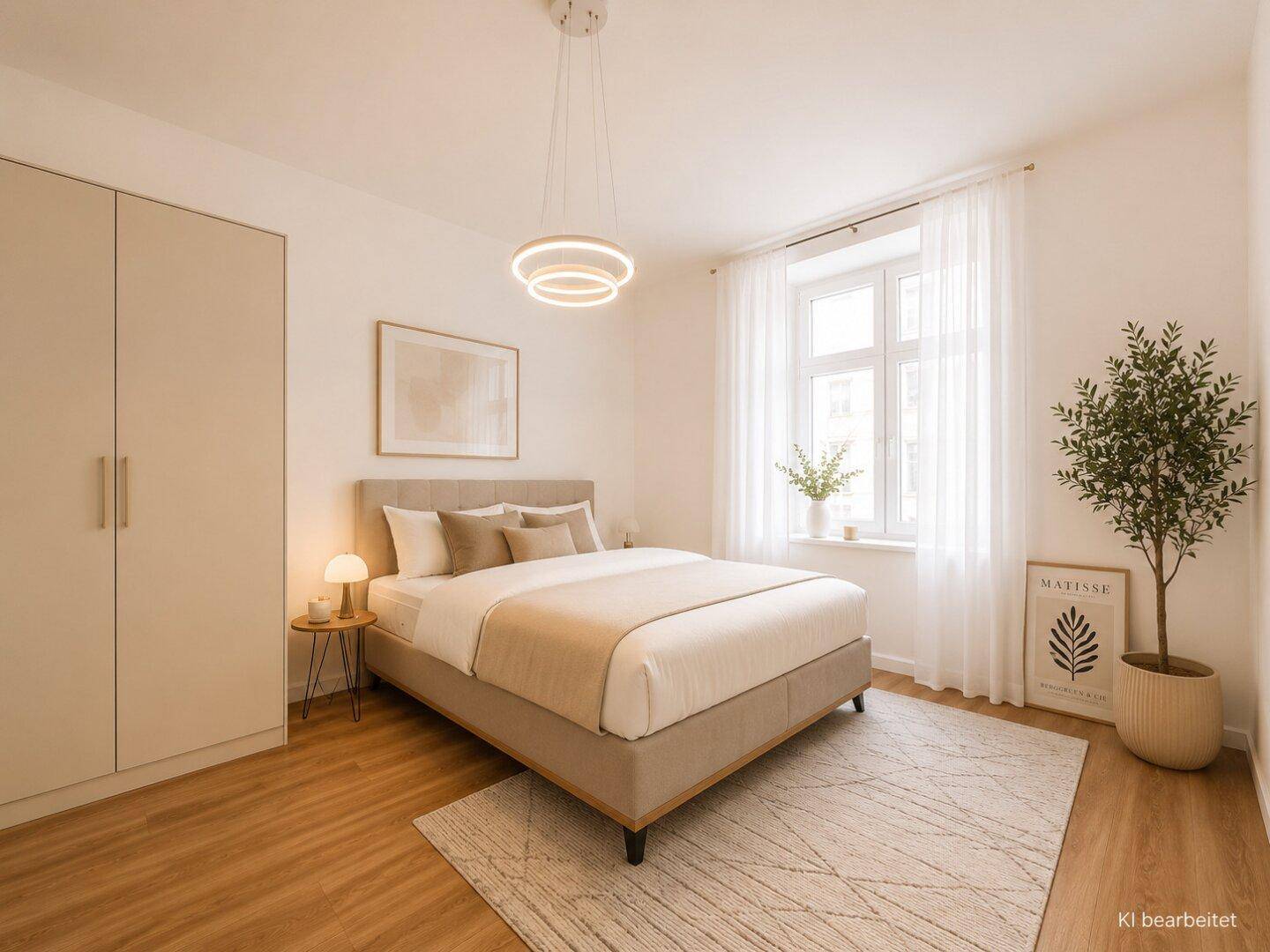 Helles Schlafzimmer mit modernem Doppelbett, Kleiderschrank und viel Tageslicht.