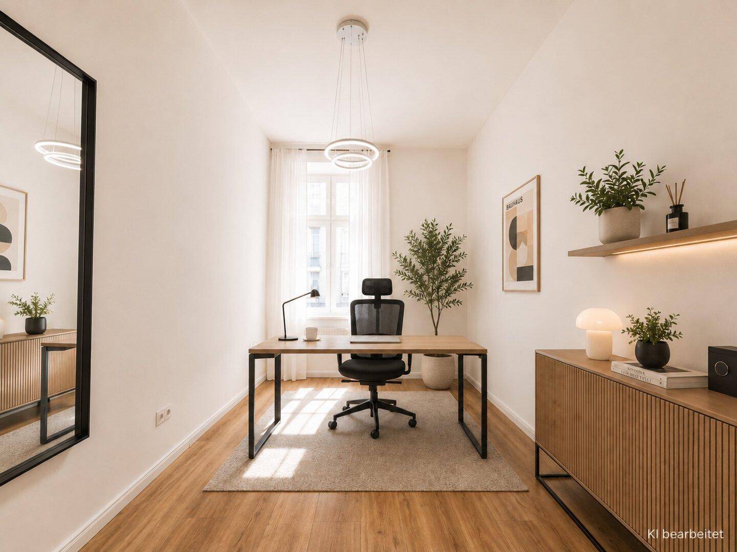 Modern eingerichtetes Arbeitszimmer mit Schreibtisch, Bürostuhl und viel natürlichem Licht.