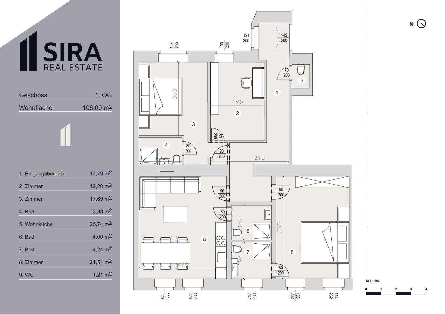 Detaillierter Grundriss der Wohnung im ersten Obergeschoss mit Raumaufteilung und Flächenangaben.