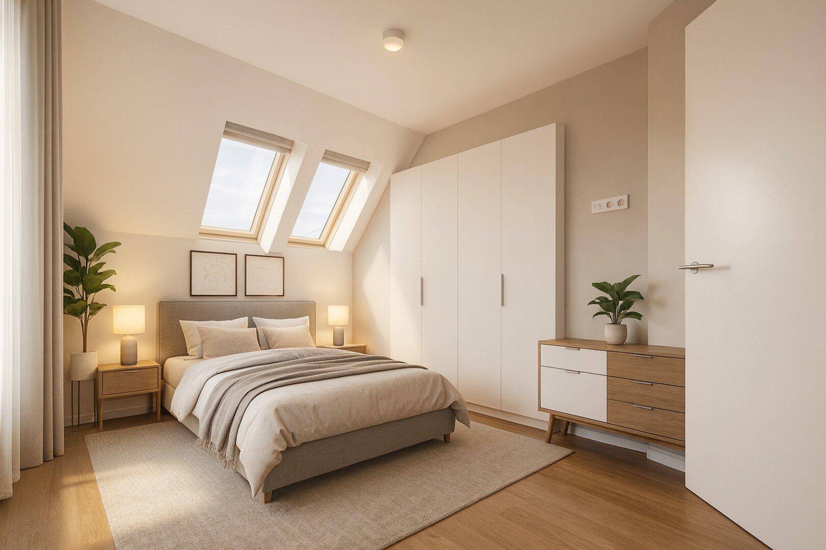 Helles Schlafzimmer im Dachgeschoss mit zwei Dachfenstern und integriertem Kleiderschrank.