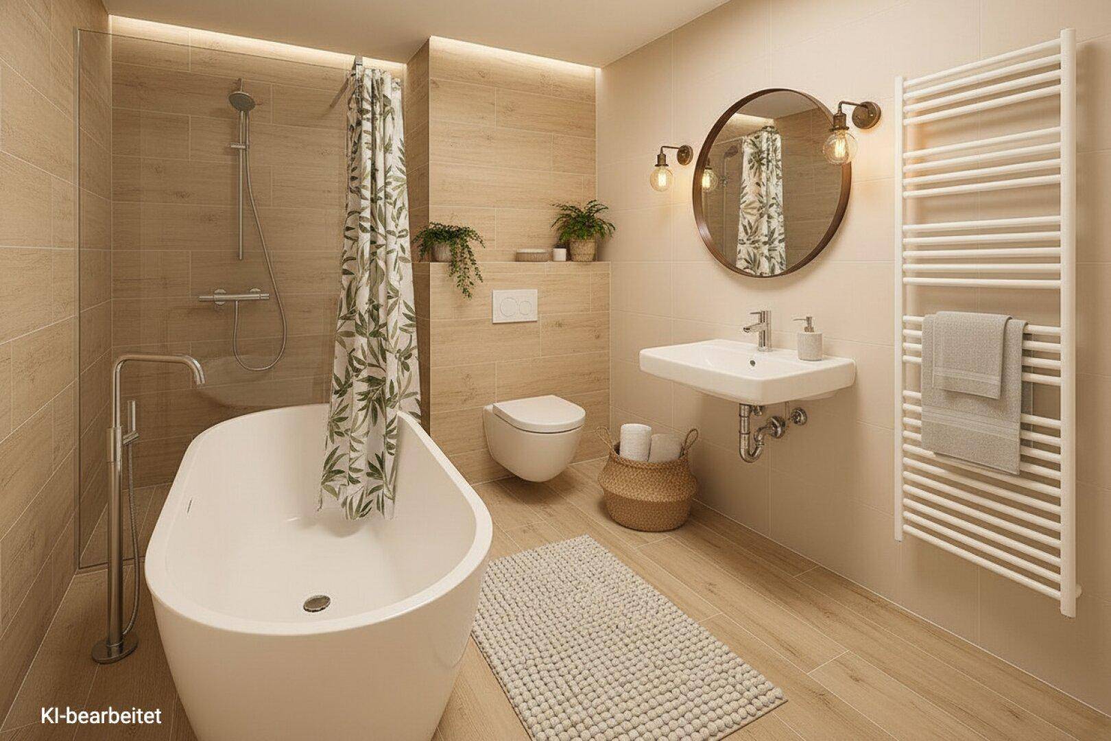 Modernes Badezimmer mit freistehender Badewanne, Dusche und beheiztem Handtuchhalter.