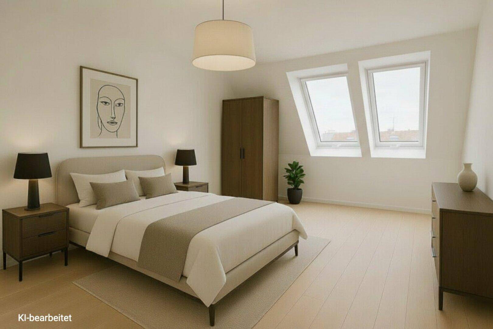 Geräumiges Schlafzimmer mit Dachschrägen, zwei Dachfenstern und minimalistischer Einrichtung.