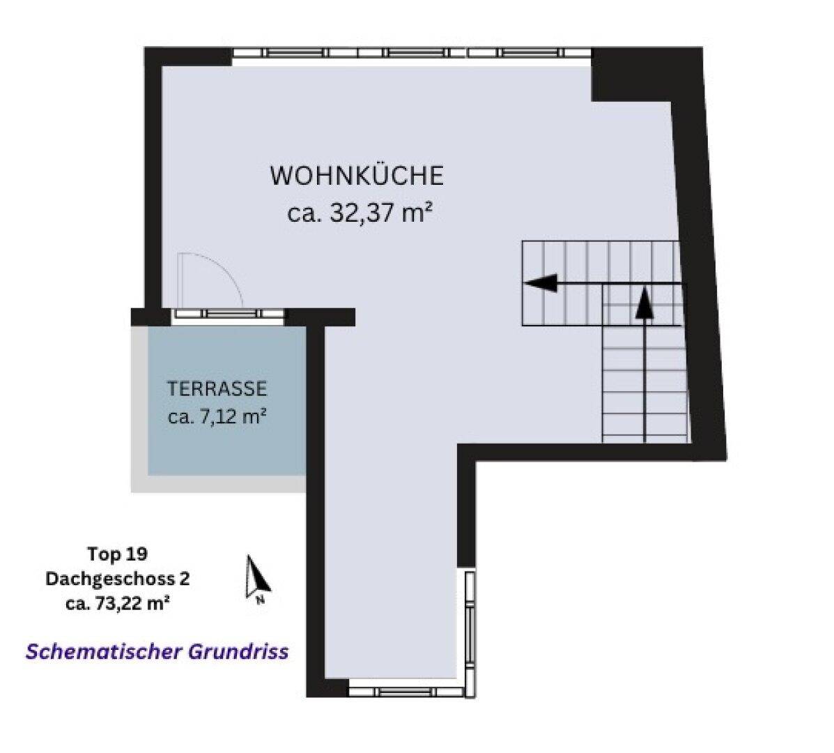 Schematischer Grundriss des zweiten Dachgeschosses mit offener Wohnküche und Terrasse.