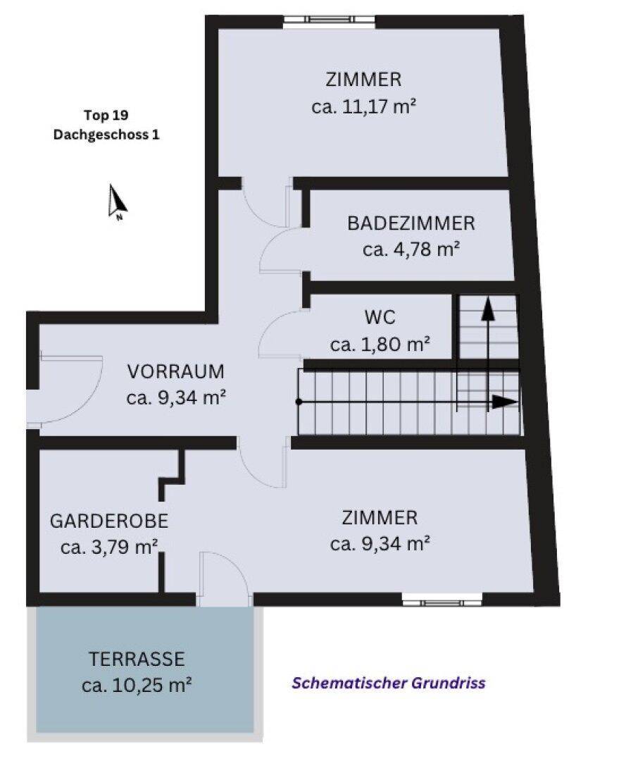 Schematischer Grundriss des ersten Dachgeschosses mit Zimmern, Bad, WC und Terrasse.