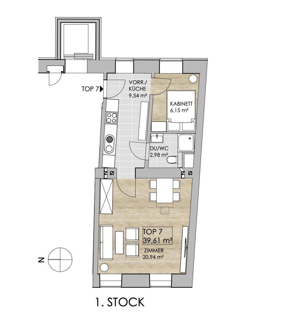 Grundriss der Wohnung Top 7 im ersten Stock mit Küche, Zimmer und Bad.