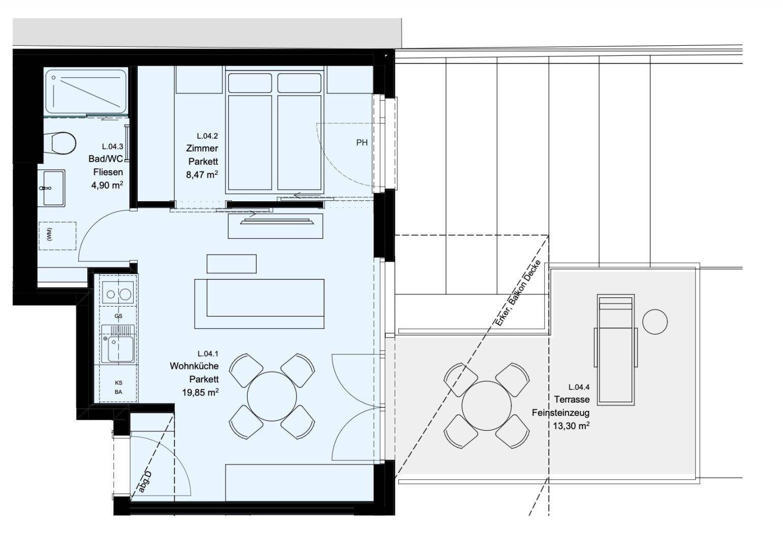 Grundriss einer modernen Wohnung mit offener Wohnküche, einem Schlafzimmer und großer Terrasse.