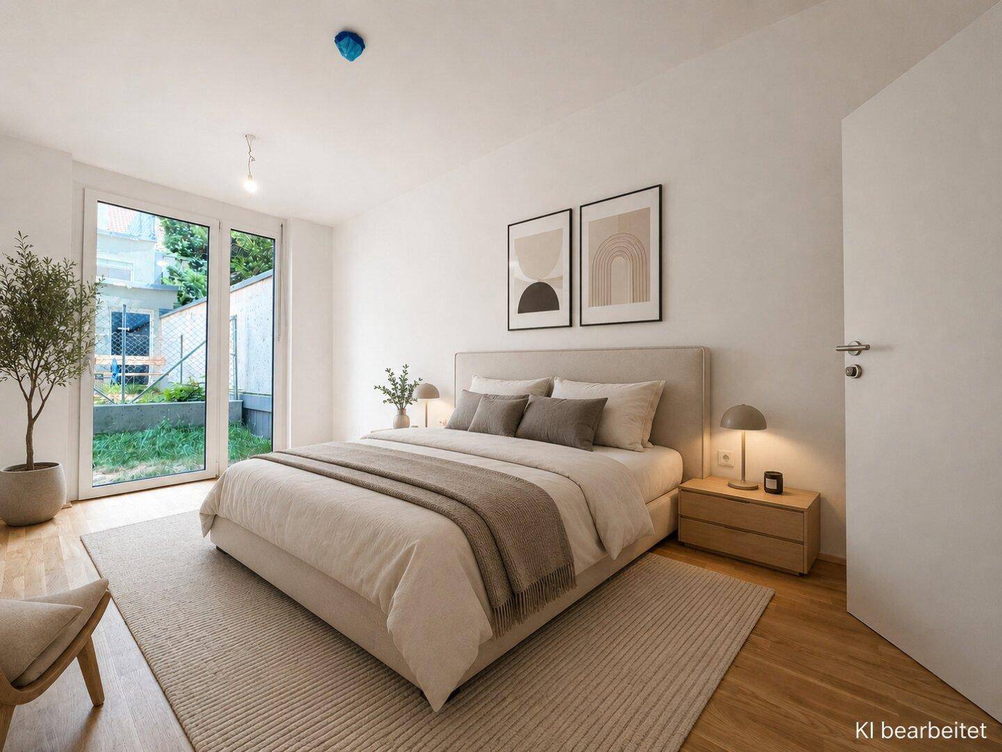 Gemütliches Schlafzimmer mit Holzboden, großem Bett und direktem Zugang zum Garten.