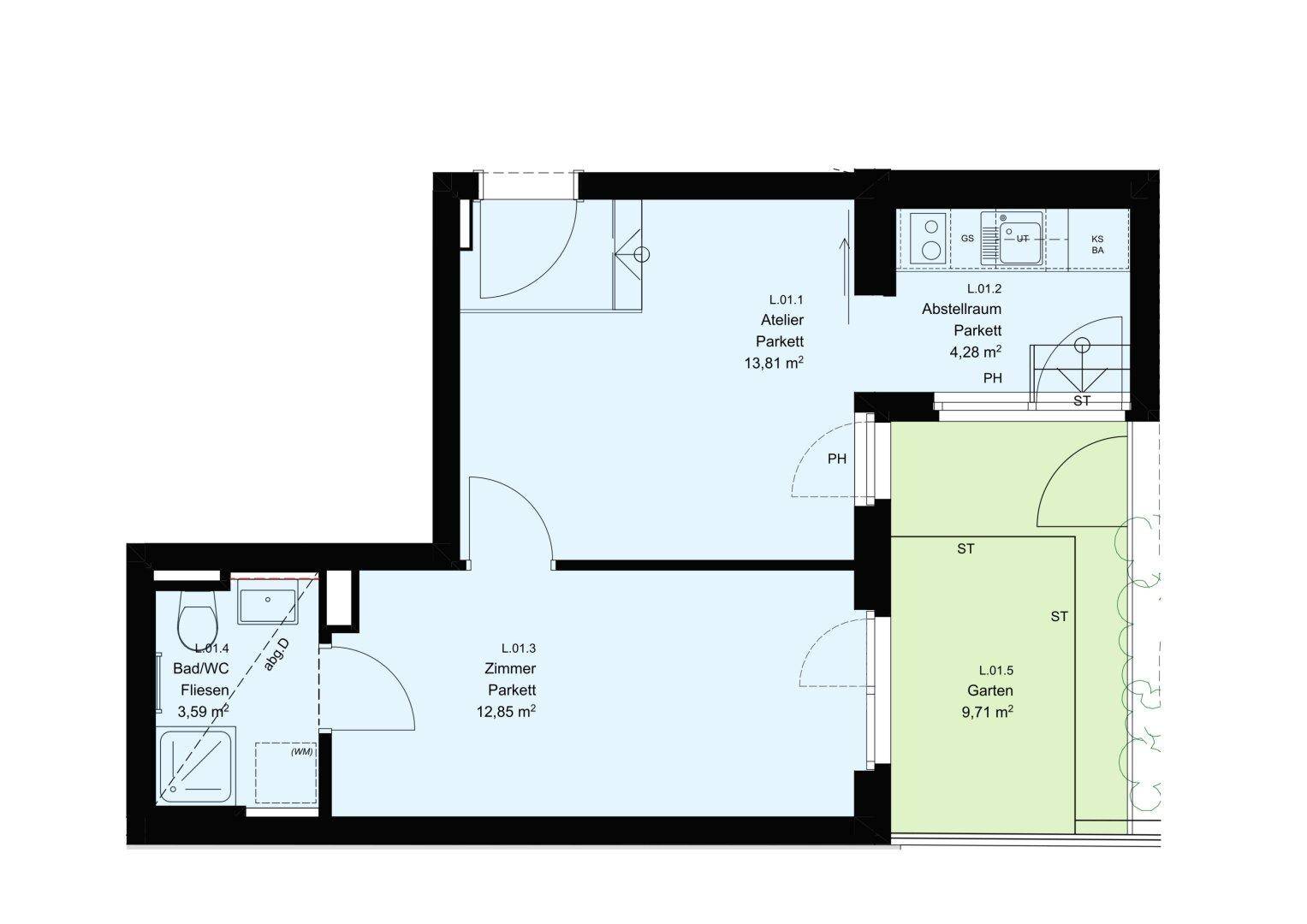 Grundriss des Erdgeschosses mit Atelier, Zimmer, Bad und Gartenbereich.