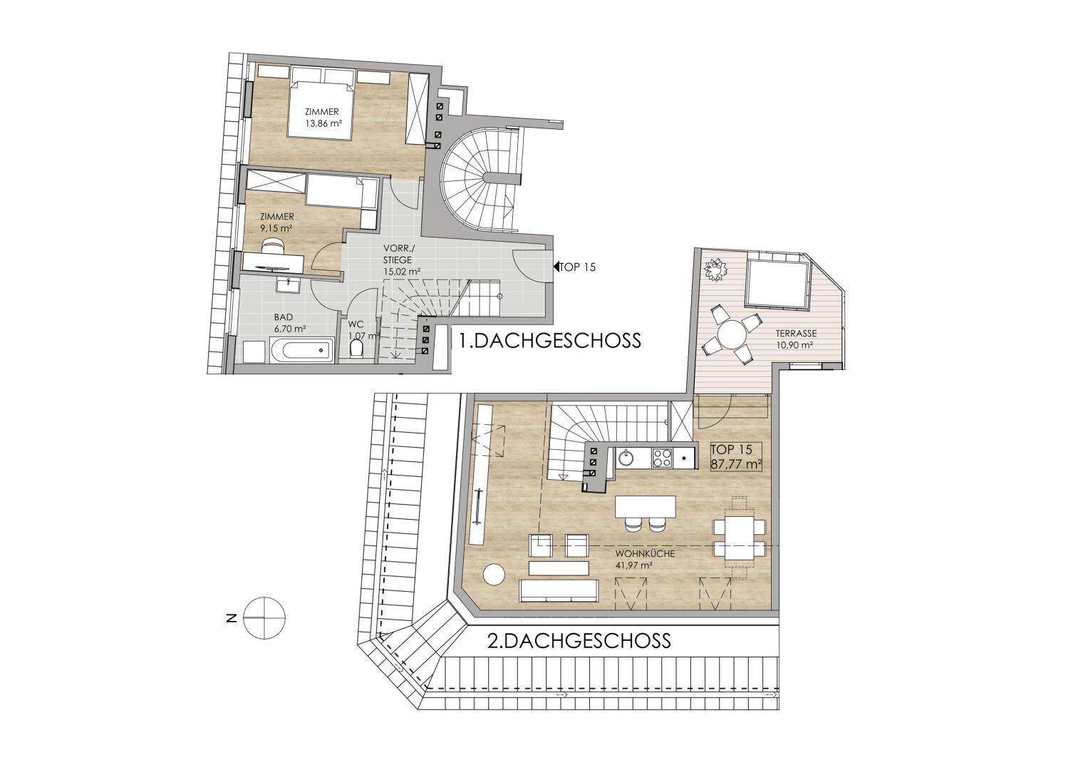 Grundriss der Maisonette-Wohnung mit zwei Ebenen und Dachterrasse.