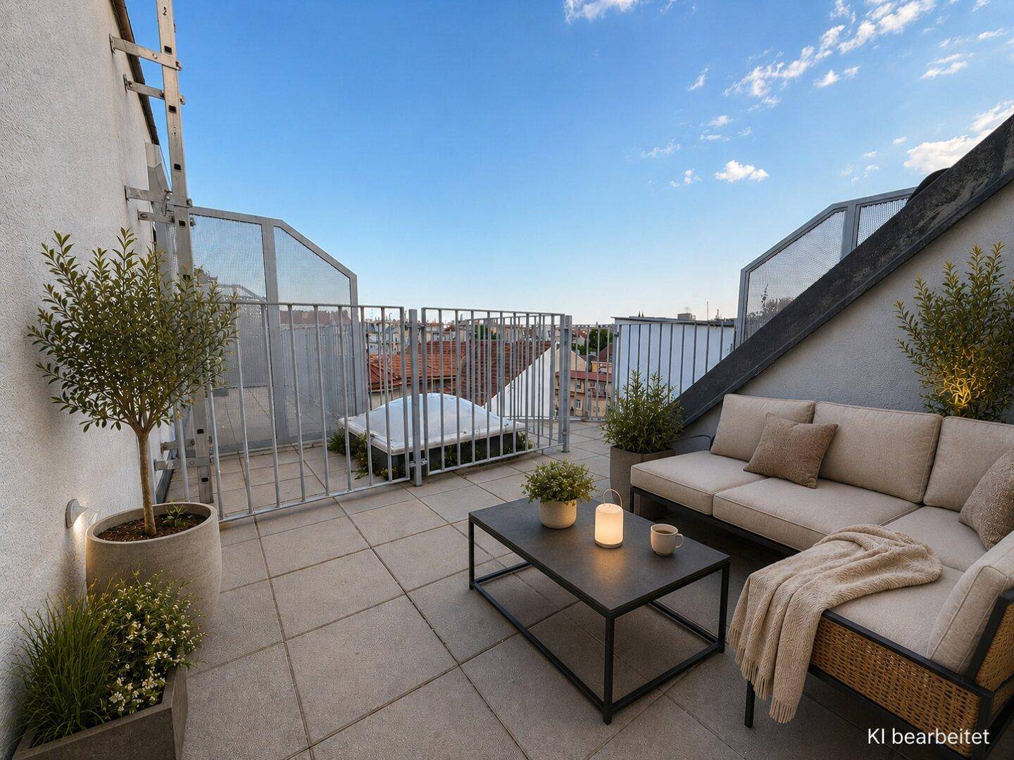 Möblierte Dachterrasse mit Sitzgelegenheiten und Blick über die Dächer der Stadt.