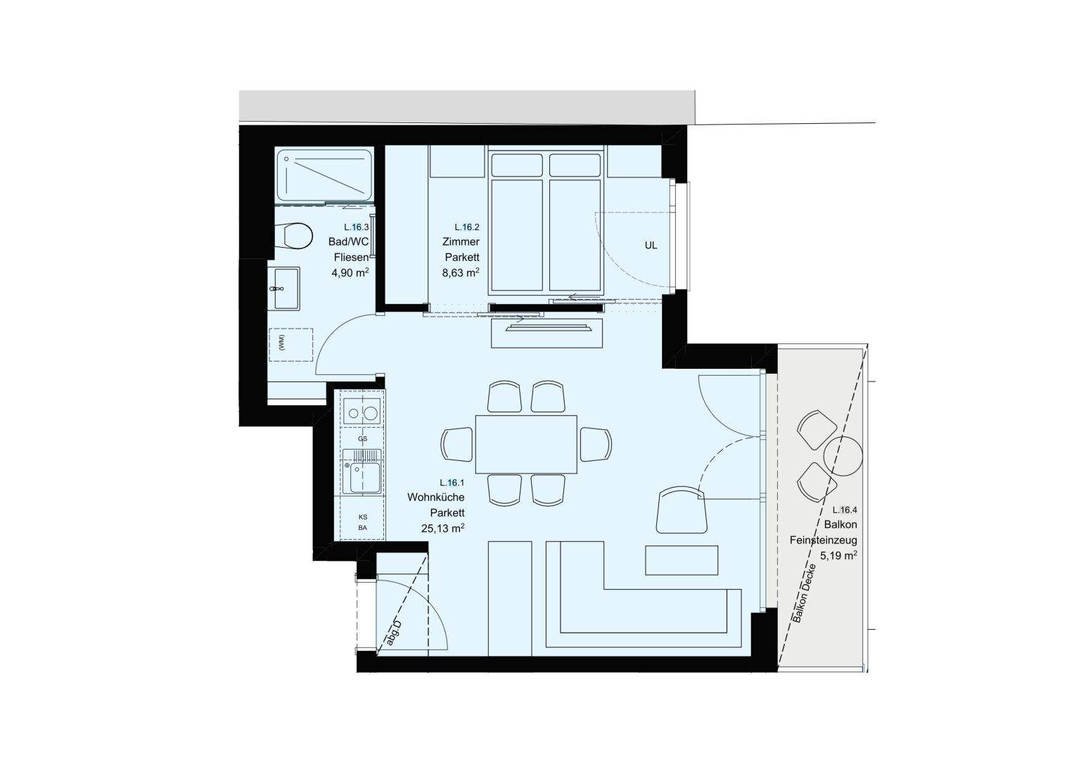 Grundriss einer Wohnung mit Wohnküche, Schlafzimmer, Bad und einem Balkon.