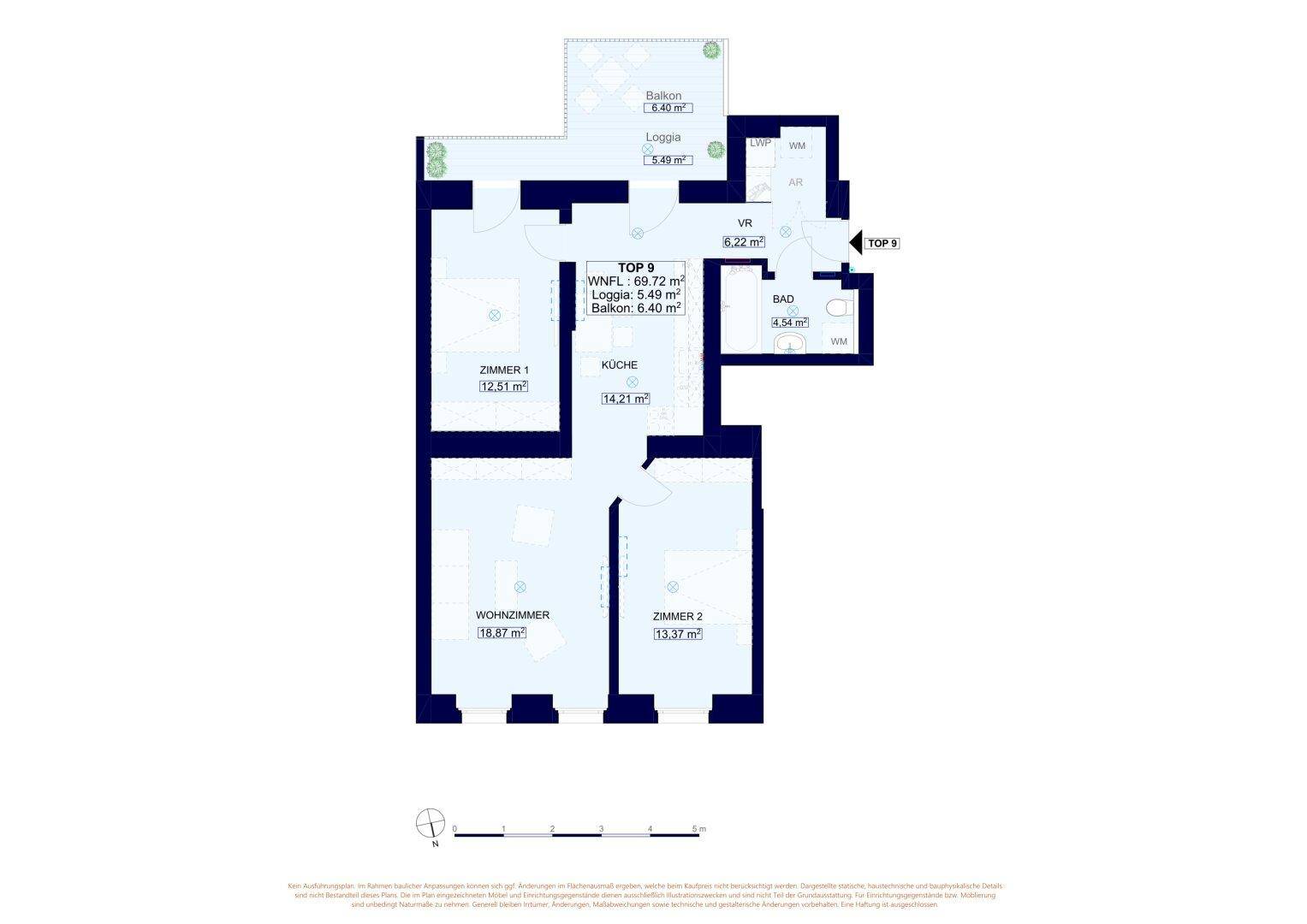Detaillierter Grundriss der Wohnung mit drei Zimmern, Küche, Bad und Balkon.