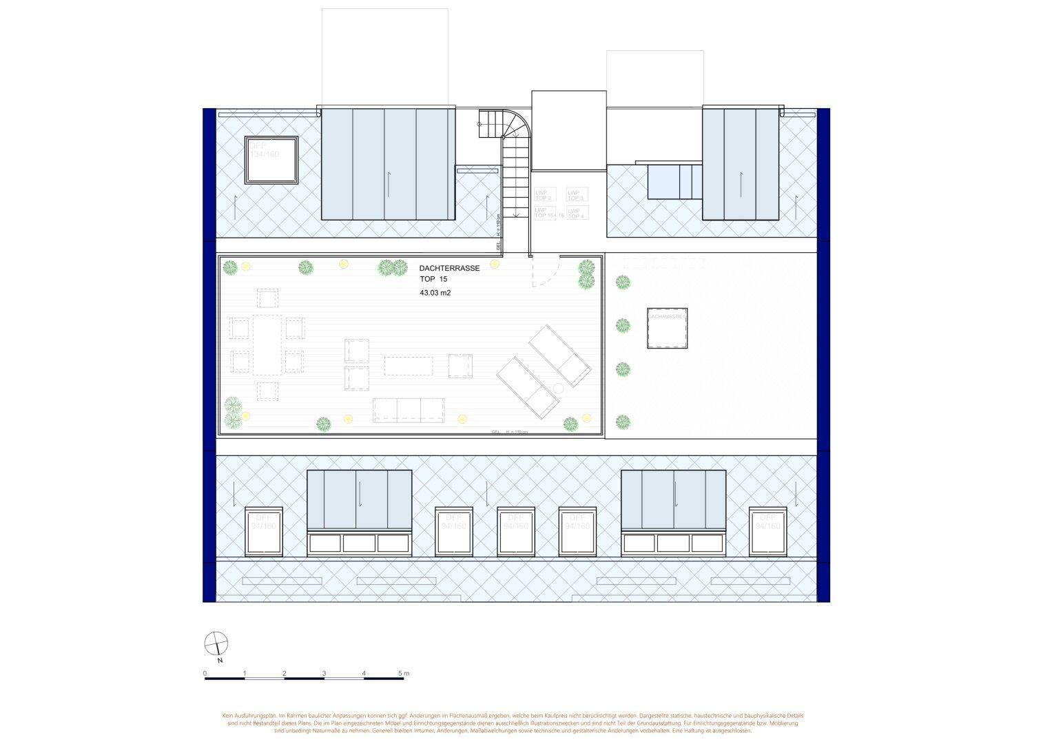 Grundriss der Dachterrasse mit großzügiger Fläche für Outdoor-Möbel und Pflanzen.