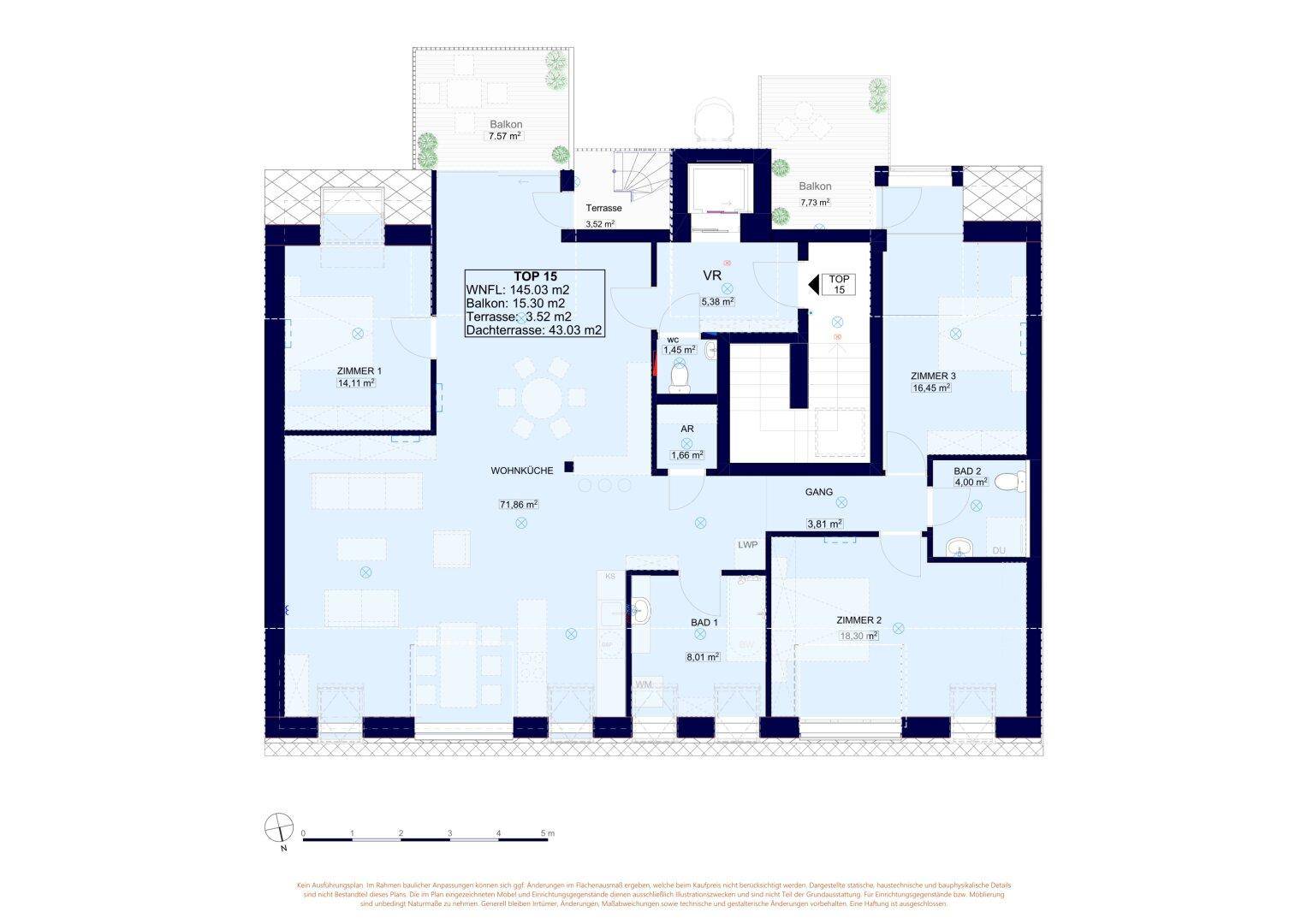 Grundriss der Wohnung mit drei Zimmern, zwei Bädern und Zugang zu Balkon und Terrasse.