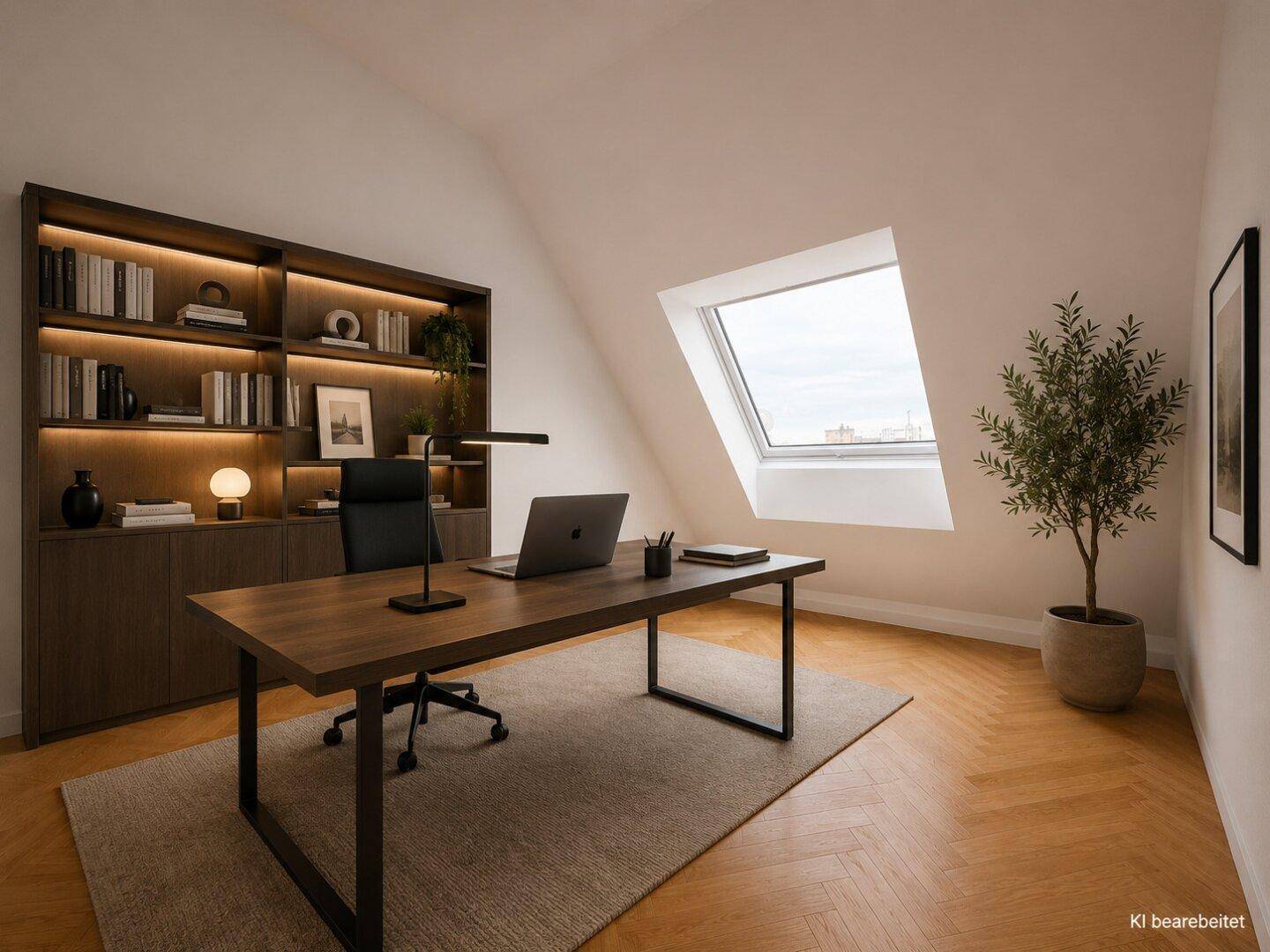 Modernes Büro mit Holzboden, Einbauregalen und einem Dachfenster für eine angenehme Arbeitsatmosphäre.
