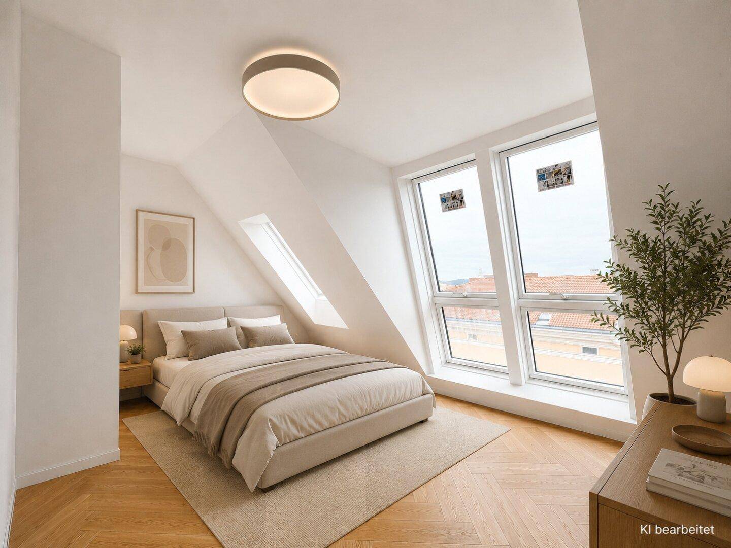 Gemütliches Schlafzimmer mit Fischgrätparkett, Dachschrägen und großen Fenstern mit Stadtblick.