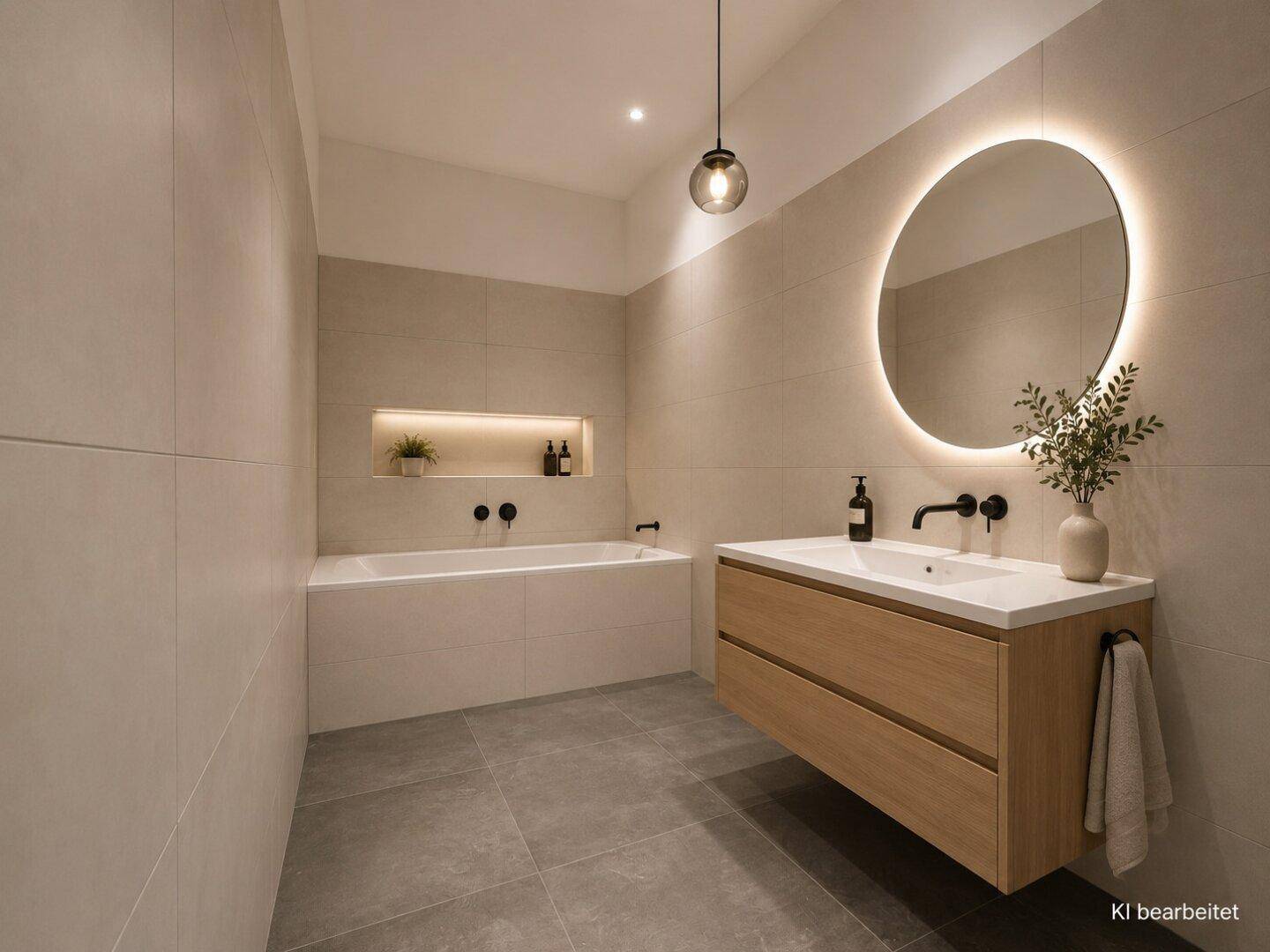 Modernes Badezimmer mit großer Badewanne, schwebendem Waschtisch und beleuchtetem Spiegel.