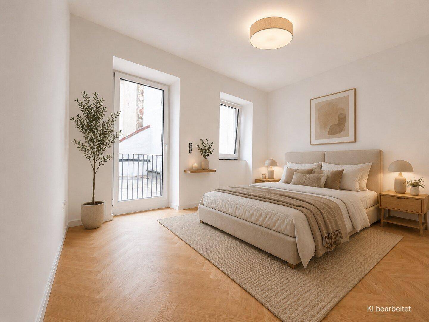 Helles Schlafzimmer mit modernem Bett, Fischgrätparkett und Zugang zu einem französischen Balkon.