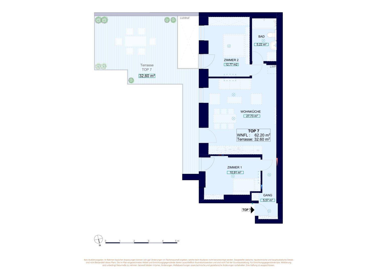 Grundriss der Wohnung Top 7 mit 32,60 m² Terrasse und offener Wohnküche.