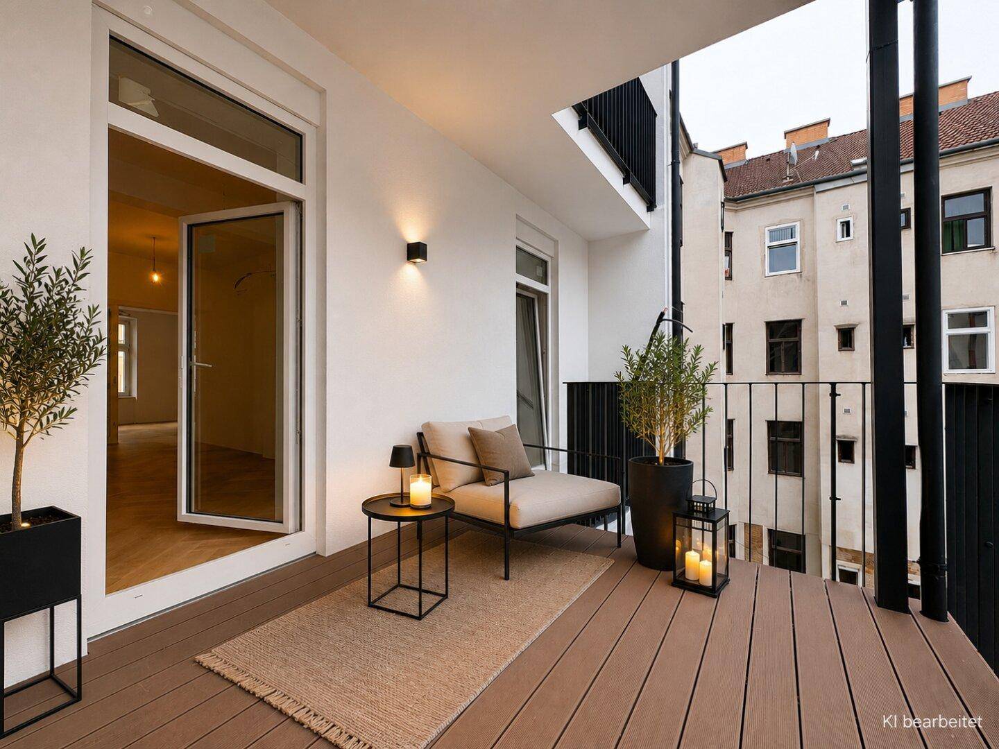 Gemütlicher Balkon mit Sitzgelegenheiten, Pflanzen und Laternen, ideal zum Entspannen.