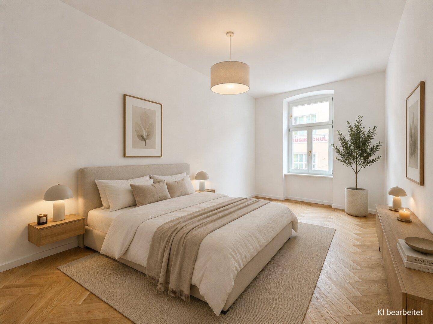 Gemütliches Schlafzimmer mit modernem Bett, Nachttischen und hellem Fischgrätparkett.
