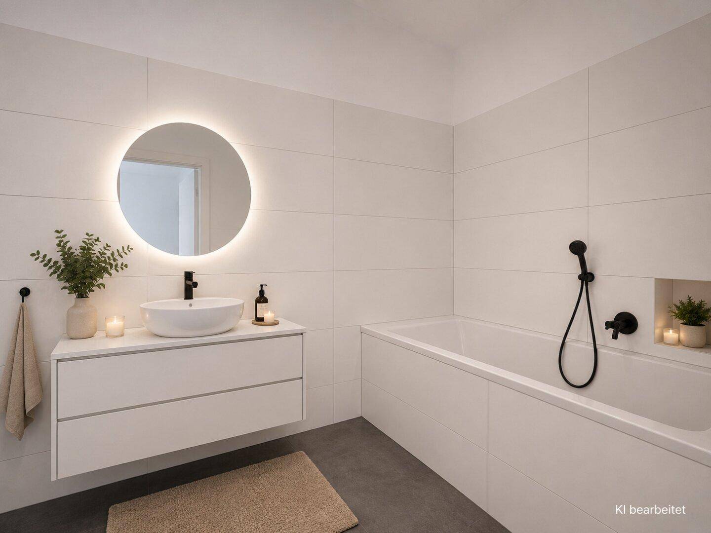 Elegantes Badezimmer mit moderner Badewanne, schwebendem Waschtisch und beleuchtetem Spiegel.
