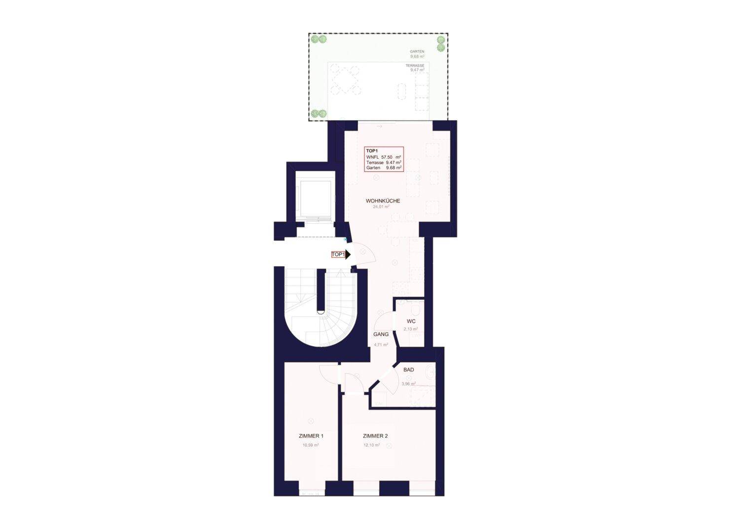 Grundriss der Wohnung mit Wohnküche, zwei Zimmern, Bad, WC und Terrasse mit Gartenanteil.