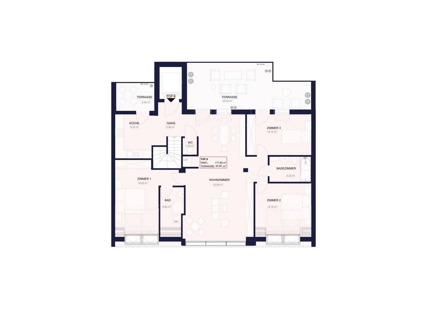 Detaillierter Grundriss der Wohnung mit drei Zimmern, zwei Bädern und zwei Terrassen.