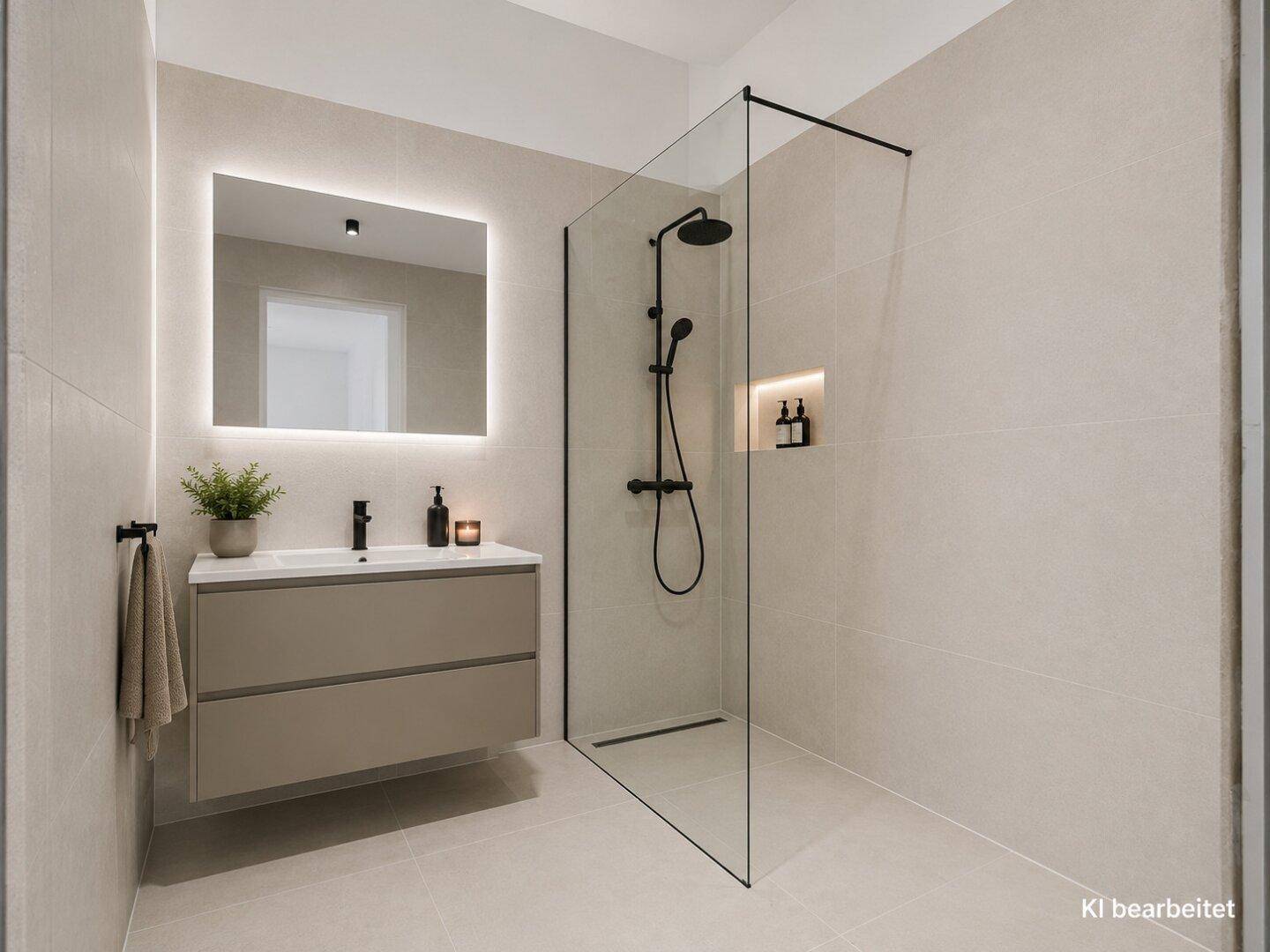 Modernes Badezimmer mit begehbarer Dusche, beleuchtetem Spiegel und eleganten grauen Fliesen.