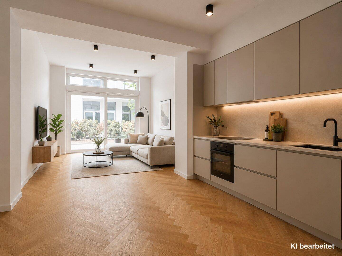 Heller offener Wohn- und Küchenbereich mit modernem Design, Fischgrätparkett und Zugang zum Außenbereich.