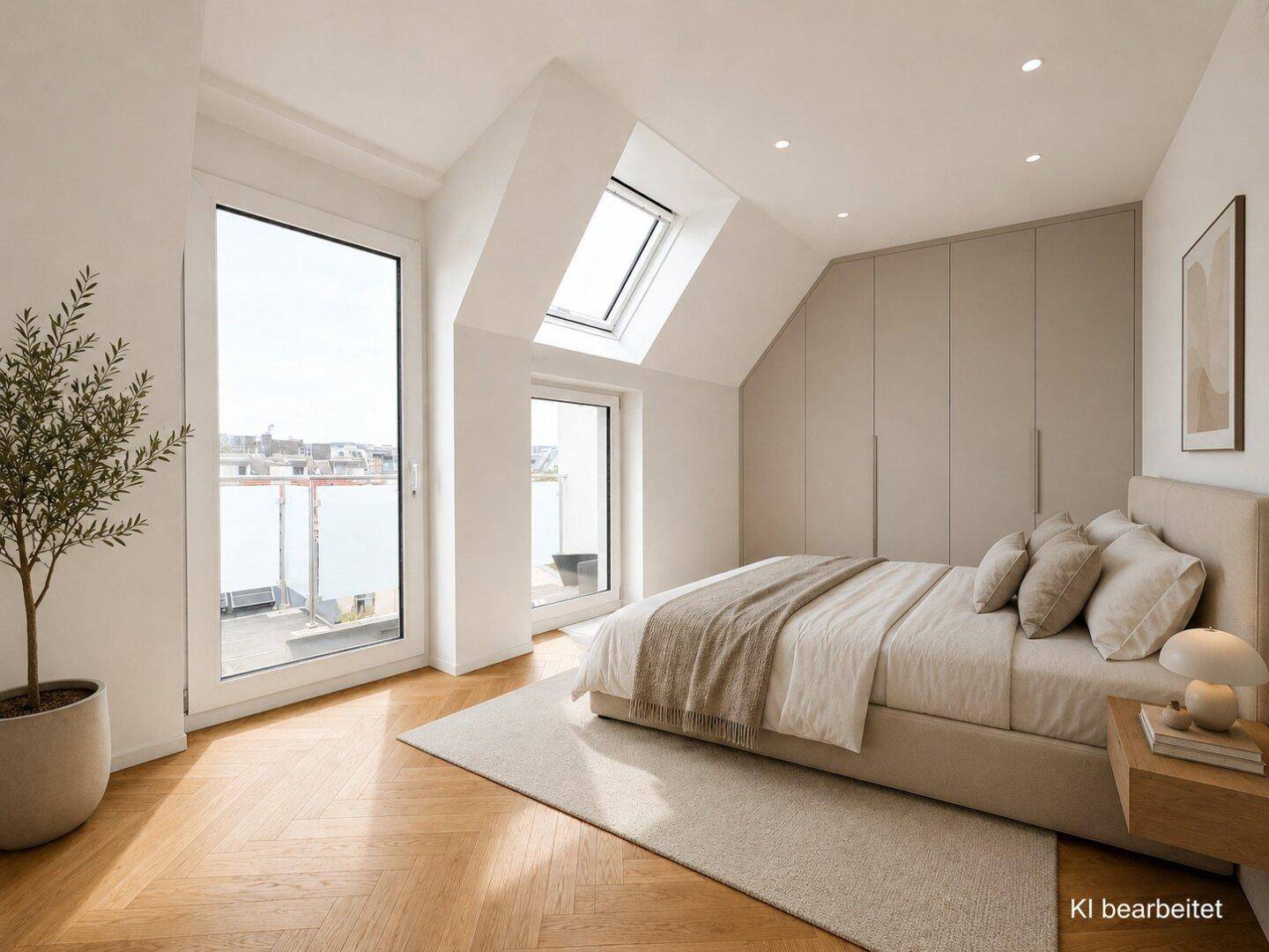Helles Schlafzimmer mit Fischgrätparkett, Einbauschränken, Dachfenster und Zugang zum Balkon.