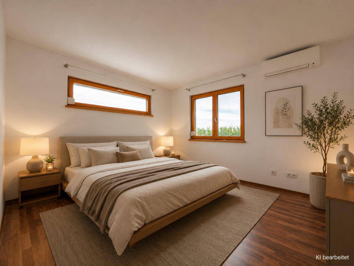 Virtuell inszeniertes Schlafzimmer mit Doppelbett, Nachttischen und Klimaanlage.