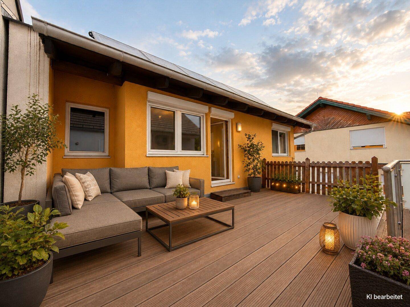 Große Holzterrasse mit bequemen Lounge-Möbeln und Pflanzen, beleuchtet von der Abendsonne.