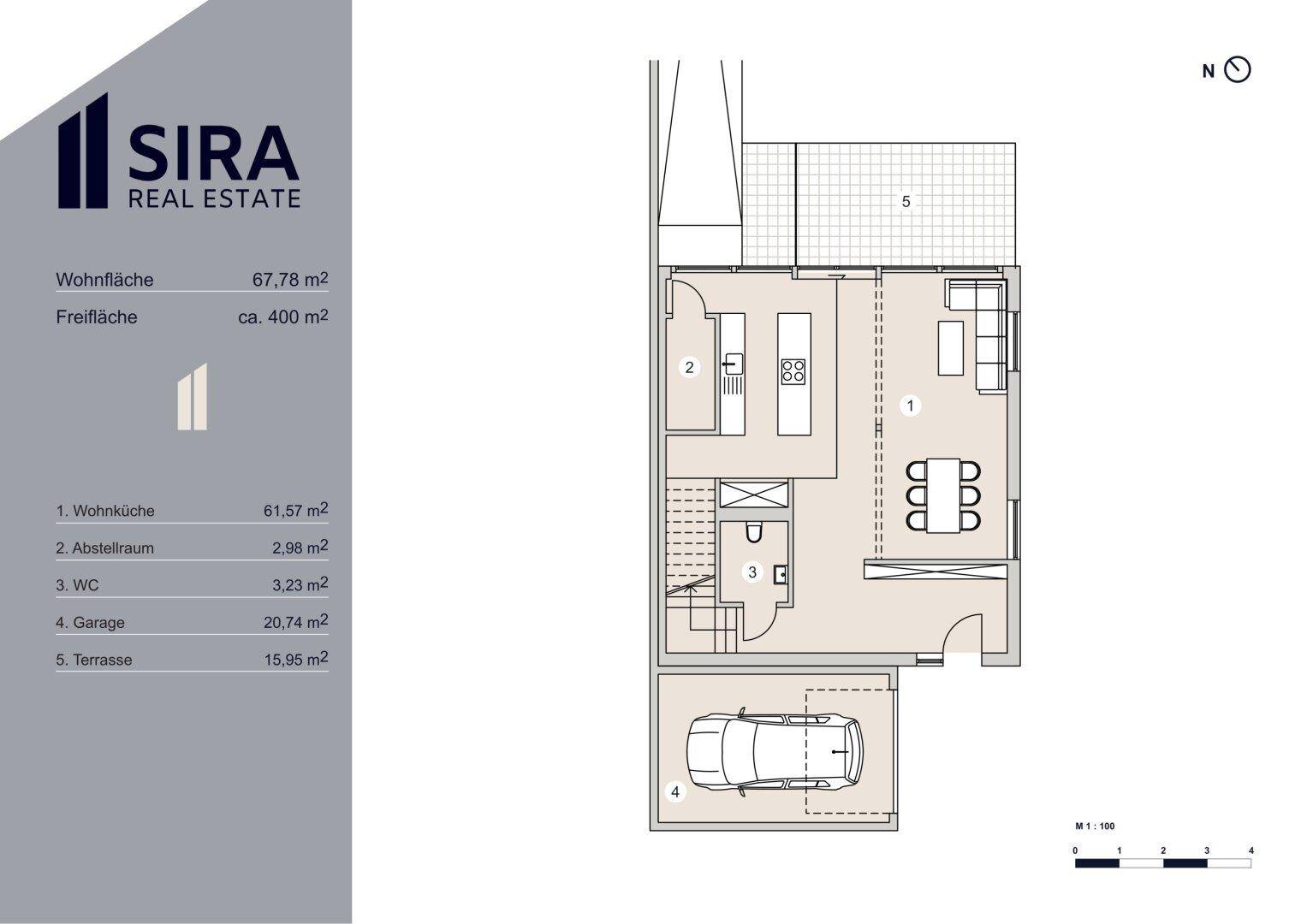 Grundriss des Erdgeschosses mit offener Wohnküche, WC und integrierter Garage.