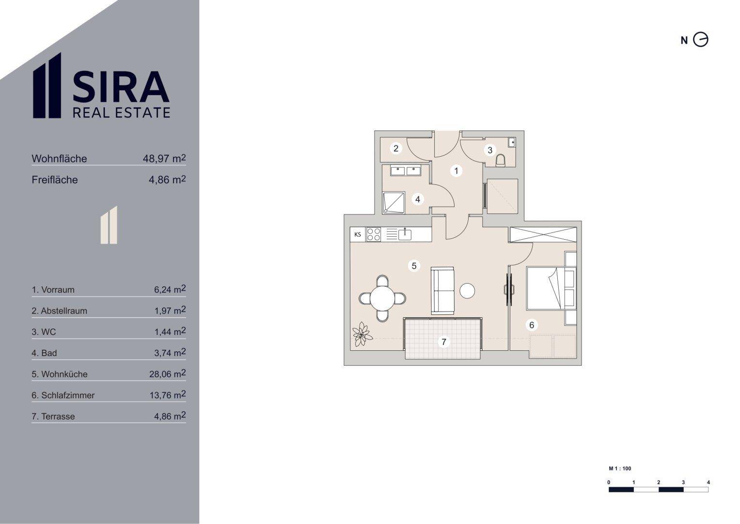 Grundriss einer Wohnung mit offener Wohnküche, Schlafzimmer, Bad, separatem WC und Terrasse.