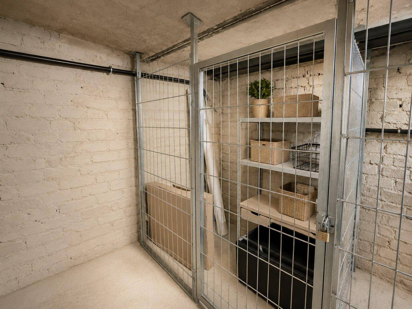 Praktischer Kellerraum mit Gittertür und Regalen für zusätzlichen Stauraum im Untergeschoss.